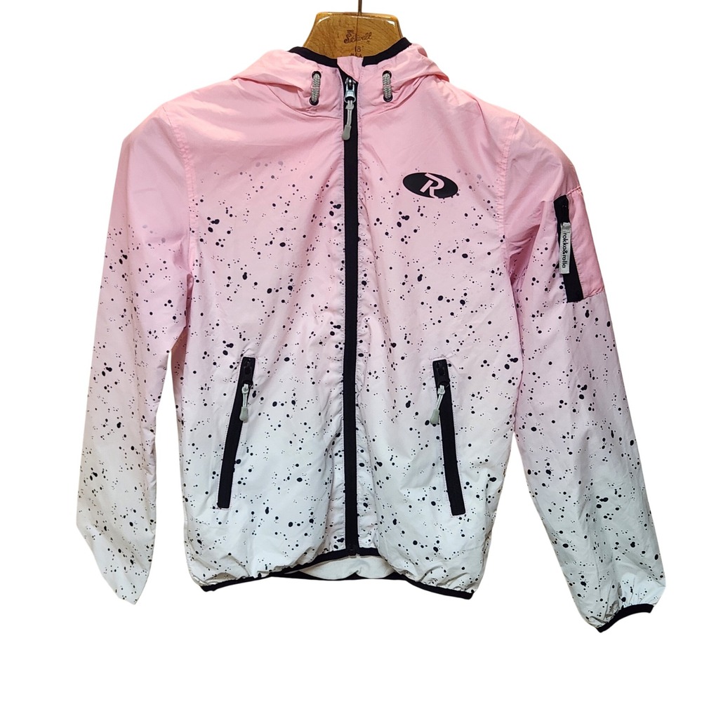 Rokka&Rolla Kids Pink Ombre Splatter Windbreaker Jacket Hooded L 10-12